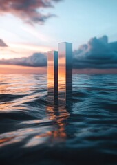 Two tall buildings are reflected in the water