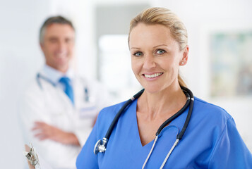 Aufkleber - Mature woman, doctors and portrait with hospital, healthcare and clinic professional with confidence. Cardiology, stethoscope and wellness worker with happy and smile at ICU care job as surgeon