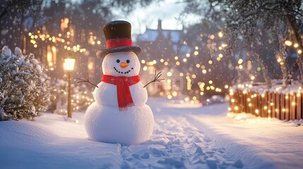 Wall Mural - A snowman wearing a red scarf and top hat, standing proudly in a snow-covered yard with glowing Christmas lights nearby.