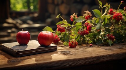 Wall Mural - School education with apples and wooden table top.