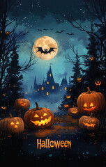 happy halloween banner or party invitation background with violet fog clouds and pumpkins