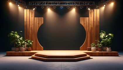 Dynamic concert stage setup with illuminated podium and sound equipment for musical performances in a vibrant event space