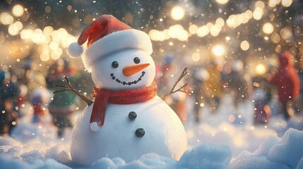 Wall Mural - A snowman with a Santa hat and carrot nose, surrounded by children playing in the snow with holiday lights twinkling behind them.