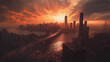 © Thiago - Postapocalyptic new york city skyline cinematic fictional scene with highway leading to armageddon scifi concept illustration. City Skyline. Illustration