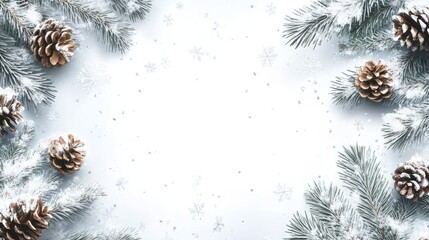 Wall Mural - winter background with space for text. wooden snowy white background with fir branches and pine cone