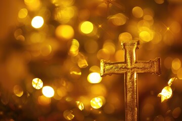 Christmas card background  Blur gold cross symbol for christian and catholic