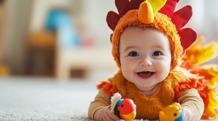 Happy baby in a turkey costume celebrating Thanksgiving with colorful toys at home during family festivities