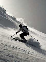 Sticker - Skier silhouette descending a snowy slope against a white background