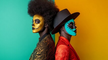 Vibrant portrait of two figures with Day of the Dead makeup, colorful backgrounds, and stylish outfits, showcasing cultural celebration and fashion.