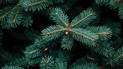Wall Mural - beautiful christmas background with green fir tree brunch close up. copy space, trendy moody dark to