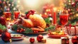© Johannes - Big festive dinner with roasted chicken and various garnishing. Christmas family dinner table concept.