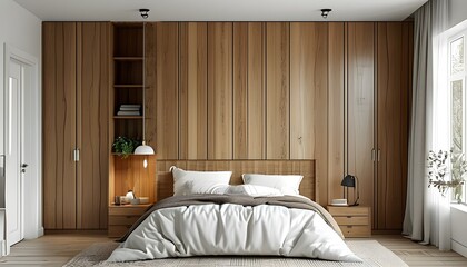 Wall Mural - Contemporary Scandinavian Bedroom Featuring Stylish White Wooden Wardrobe and Sleek Design Elements