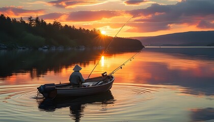 Father and son fishing at sunset on Lake Mazury, enjoying a recreational summer outing amidst natures beauty