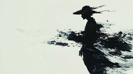 Wall Mural - Abstract Silhouette of a Person Wearing a Hat with Black and White Paint Splashes