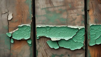 Wall Mural - Textured close-up of weathered green cracked paint on aged wooden wall