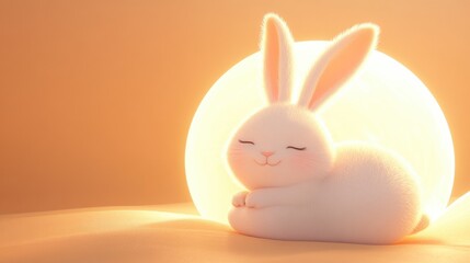 Wall Mural - A cute, white bunny rabbit with closed eyes is resting in front of a bright, glowing moon.