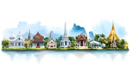 A beautiful illustration of traditional Asian architecture featuring ornate temples and tranquil landscapes, perfect for travel themes.