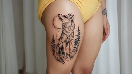 Wall Mural - A woman with a tattoo of a wolf on her thigh, AI