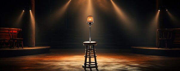 Wall Mural - A lone microphone on a stool, bathed in warm light