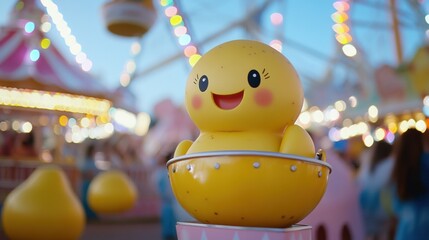 A yellow stuffed potato sitting in a bowl at an amusement park, AI