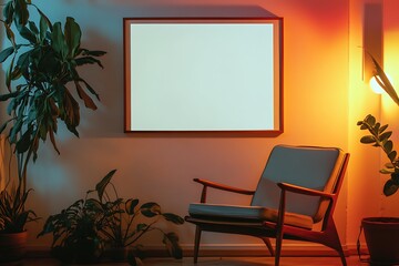 Canvas Print - Cozy Living Room with Empty Frame, Plants, and Armchair for Mockup