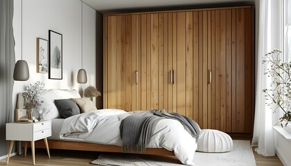 Contemporary Scandinavian Bedroom Featuring Stylish White Wooden Wardrobe and Sleek Design Elements