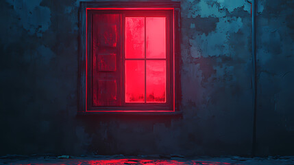 Red light from the window. the red window shines mystically at night. mysterious red window. generative ai. Neon District. Illustration