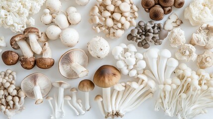 A top-down view of an assortment of colorful and elegantly shaped mushrooms, including varieties like shiitake and enoki, placed on a clean white surface