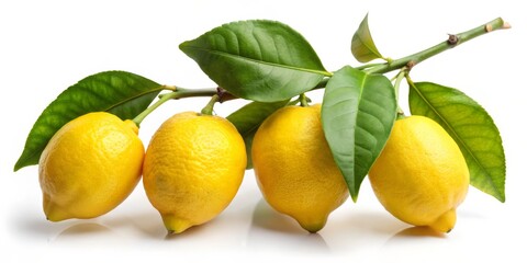 Four Lemons on a Branch with Lush Green Leaves, White Background, Isolated, Close-up, Citrus Fruit, Lemon Tree, Freshness