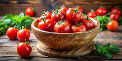 Wall Mural - Fresh Red Cherry Tomatoes in Wooden Bowl, Food Photography, Rustic Table, Tomatoes, Vegetables, Healthy