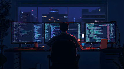 Programmer writing code for AI project on multiple screens
