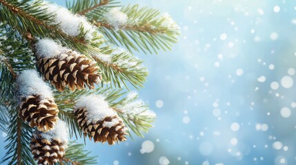 Wall Mural - snowy christmas winter holiday festivity card . closeup of pine branch adorned with pinecones and sn