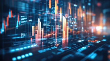 Poster - A transparent 3D bar chart floating in a digital space, with bars of different heights representing financial performance, surrounded by data points and futuristic icons.
