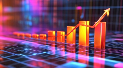 Poster - A vibrant 3D bar graph with bars of varying heights showing financial performance trends, set on a digital grid with a rising arrow, symbolizing profit and growth.