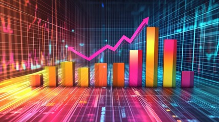 Poster - A vibrant 3D bar graph with bars of varying heights showing financial performance trends, set on a digital grid with a rising arrow, symbolizing profit and growth.