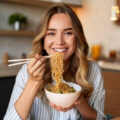 woman eating instant noodles in a cozy kitchen