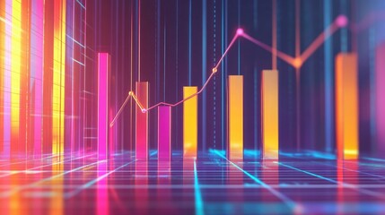 Poster - A vibrant 3D bar graph with bars of varying heights showing financial performance trends, set on a digital grid with a rising arrow, symbolizing profit and growth.