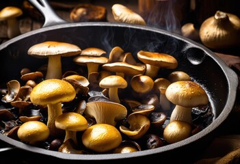 Wall Mural - mushrooms cast iron skillet perfectly golden brown color delicious aroma, cooking, heat, kitchen, food, vegetables, culinary, meal, recipe, fry, texture