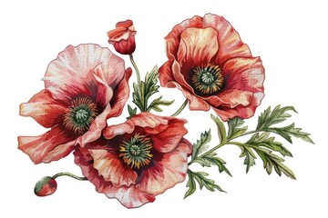 vector illustration cross stitch poppies  Ukrainian folk embroidery  flower isolated on white fabric