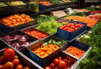 colorful display donated food boxes organized bins showcasing vibrant variety fresh produce non perishable items, donation, fruits, vegetables, cans