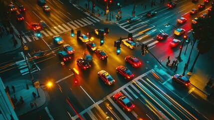 Poster - A wide-angle shot of a busy intersection with traffic lights displaying red, yellow, and green signals, showing the flow of traffic and pedestrian activity.