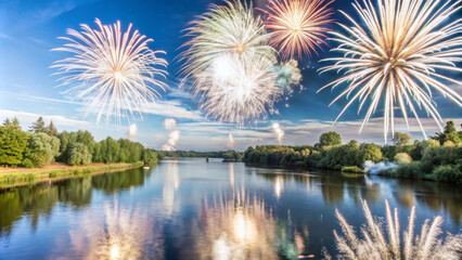 A stunning display of fireworks over river creates vibrant and festive atmosphere, reflecting beautifully on waters surface. scene captures joy and excitement of celebration