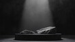 © Johannes - Black, dark and gray geometric Stone and Rock shape background, minimalist mockup for podium display showcase, studio room, Platform illuminated by spotlights, interior texture for display products