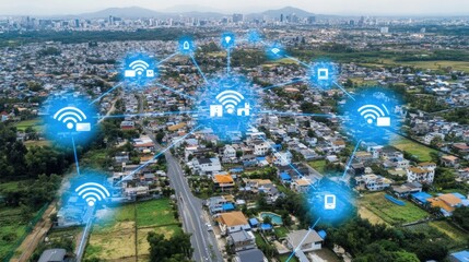 Poster - An aerial view of a smart city with various wireless communication icons like Wi-Fi, Bluetooth, and GPS overlaying the cityscape, showcasing the interconnectivity of modern life.