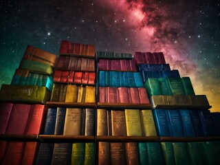 Vividly colored books radiating light in a starlit sky.