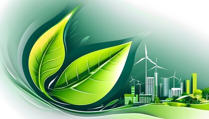 Wall Mural - Eco-friendly building logo featuring an abstract leaf intertwined with urban skyline elements in a modern design vector