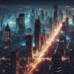 Wall Mural - A mesmerizing night view of a futuristic city skyline with towering skyscrapers, glowing with vibrant lights against a dark sky. The scene captures the energy and dynamism of a modern metropolis