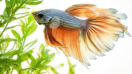 An elegant betta fish showcasing its colorful tail and fins, floating among aquatic plants in a well-lit aquarium, set against a clean white backdrop