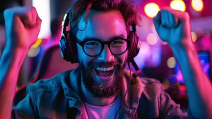 Poster - A young man with glasses and a beard celebrates triumphantly after winning a game in an illuminated esports venue filled with vibrant lights.