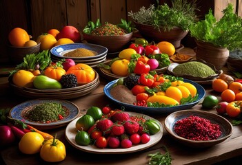 Wall Mural - colorful plates featuring fresh produce traditional spices creating vibrant culinary experience, appetizers, arrangements, balance, banquet, bistro